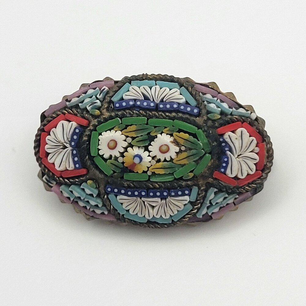 Antique Floral Micro Mosaic Brooch Made in Italy 1900s Signed
